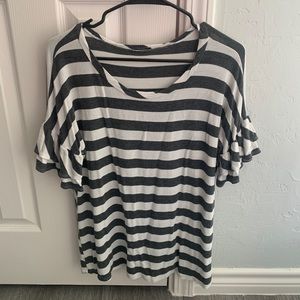 Size M, Grey and white stripped blouse with ruffles on the sleeve.